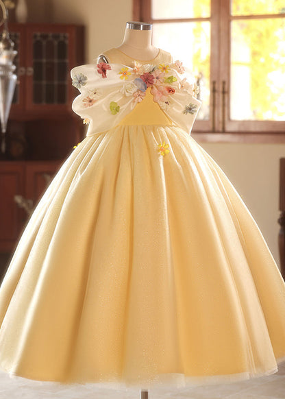 Yellow O-neck Tulle Kids Long Dresses Summer Yg004