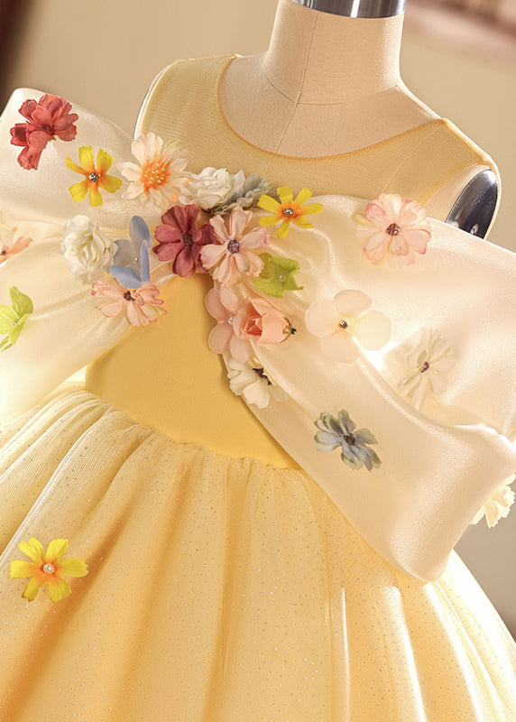 Yellow O-neck Tulle Kids Long Dresses Summer Yg004