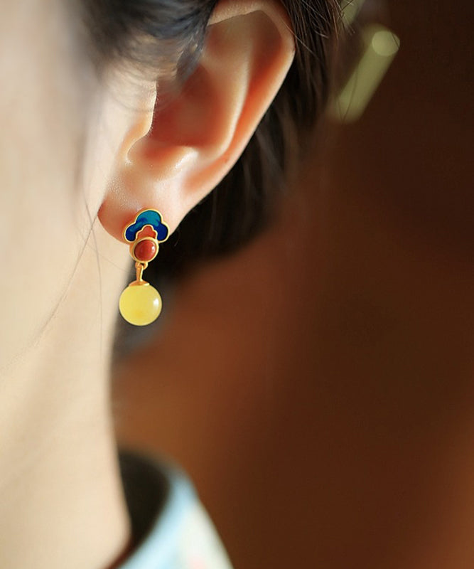 Yellow Sterling Silver Inlaid Auspicious Clouds Amber Stud Earrings