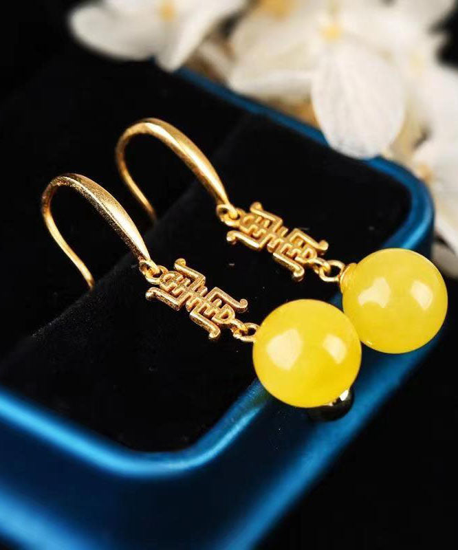 Yellow Sterling Silver Overgild Inlaid Spheroidal Beeswax Drop Earrings