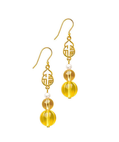 Yellow Sterling Silver Overgild Pearl Crystal Amber Graphic Drop Earrings