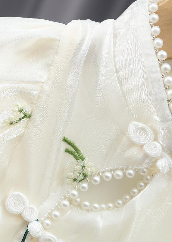 Chinese Style Apricot Embroideried Nail Bead Chiffon Long Dress Summer Mn013