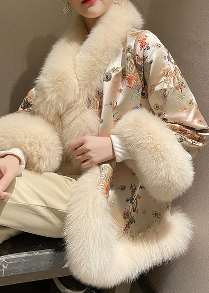 Chinese Style Beige Fox Collar Print Nail Bead Leather and Fur Coats Winter Ty021