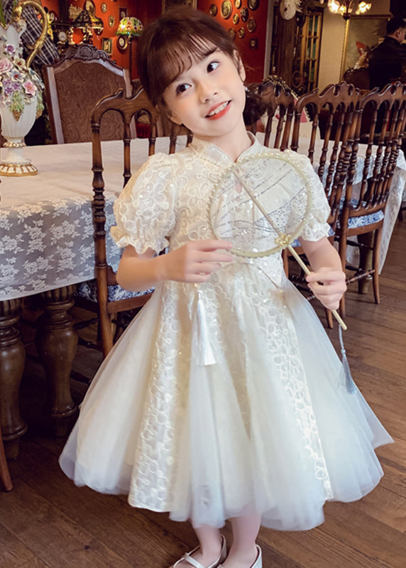 Chinese Style Beige Stand Collar Nail Bead Tulle Maxi Dress Summer Xz036