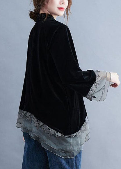 Chinese Style Black Asymmetrical Button Patchwork Silk Velour Blouses Spring Ly0599