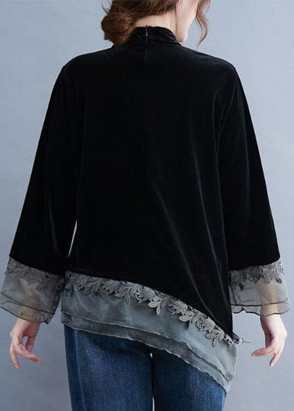 Chinese Style Black Asymmetrical Button Patchwork Silk Velour Blouses Spring Ly0599