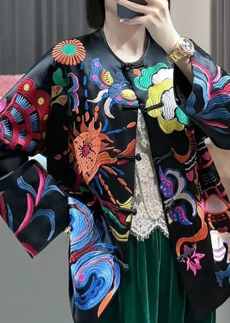 Chinese Style Black Embroidered Button Silk Coats Spring Cg1023