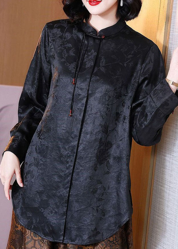 Chinese Style Black Tasseled Jacquard Patchwork Silk Blouses Long Sleeve Ti1052