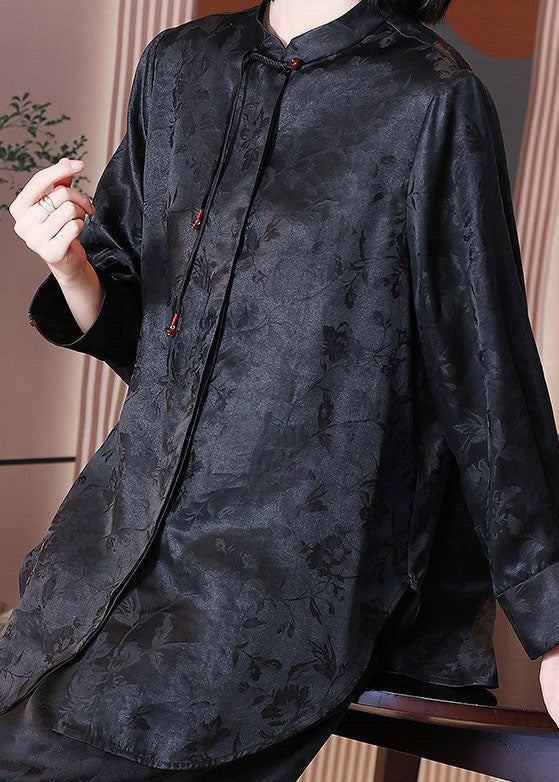 Chinese Style Black Tasseled Jacquard Patchwork Silk Blouses Long Sleeve Ti1052