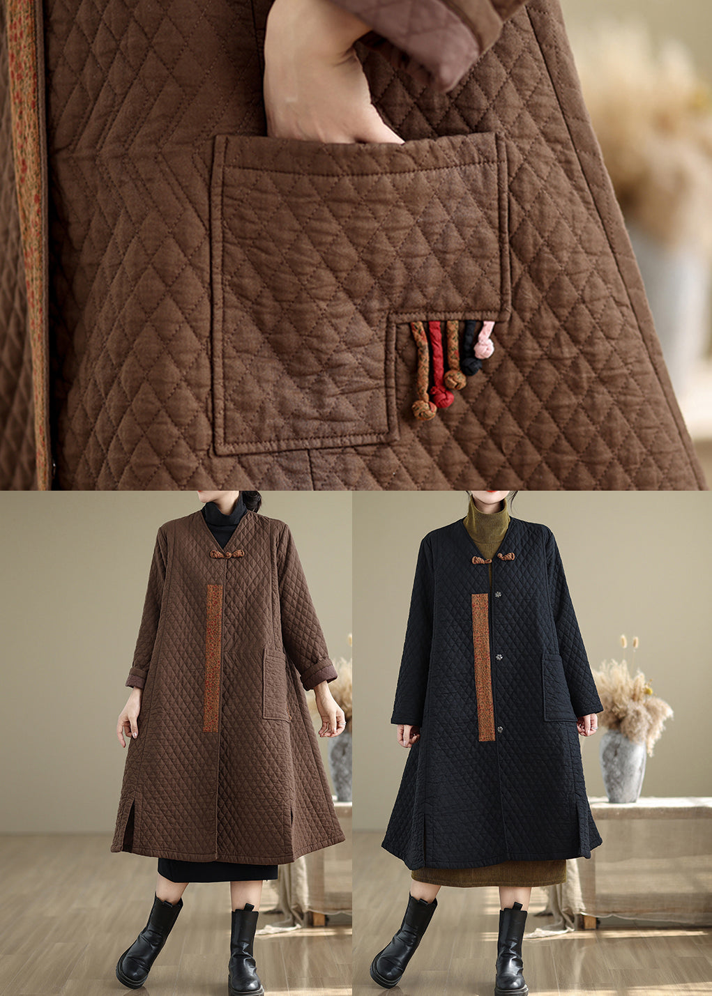 Chinese Style Black V Neck Pockets Fine Cotton Filled Winter Coats Ru018