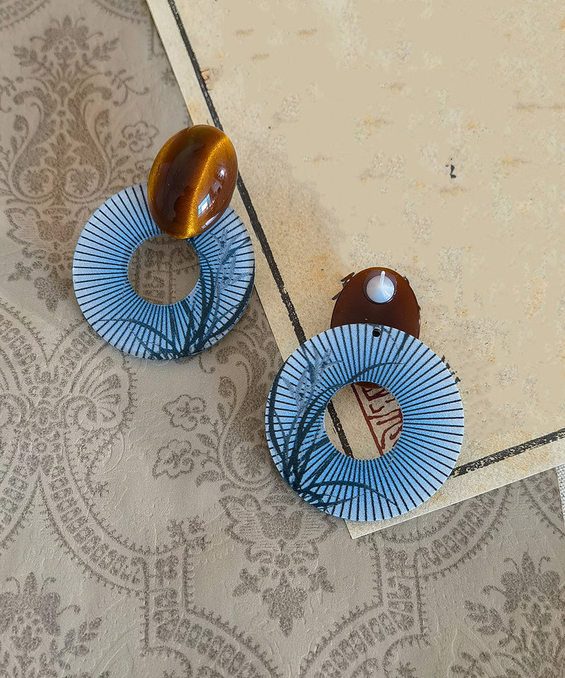 Chinese Style Blue Alloy Acrylic Amber Hoop Earrings