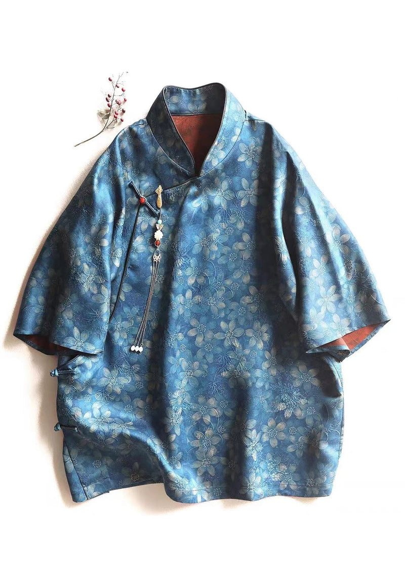 Chinese Style Blue Print Button Silk Blouses Bracelet Sleeve Au1052