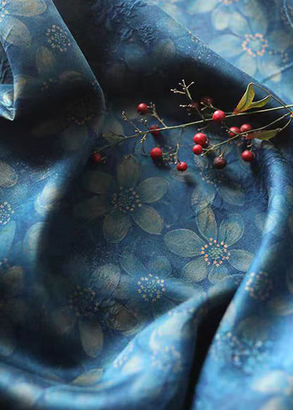 Chinese Style Blue Print Button Silk Blouses Bracelet Sleeve Au1052