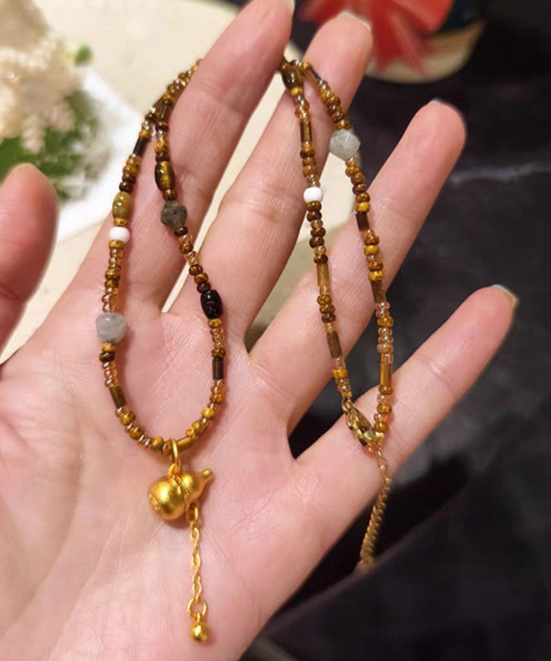 Chinese Style Brown Copper Overgild Calabash Beading Pendant Necklace