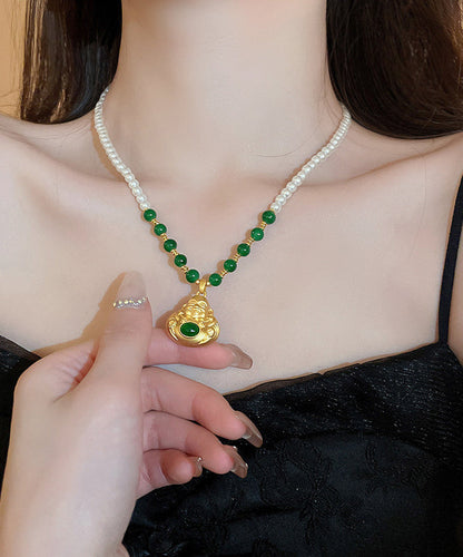 Chinese Style Colorblock Copper Alloy Pearl Buddha Statue Pendant Necklace Yi045