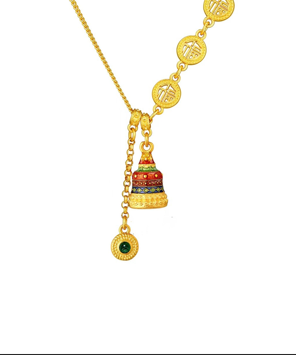 Chinese Style Gold Ancient Gold Crystal Enamel Lariat Necklace Yi031