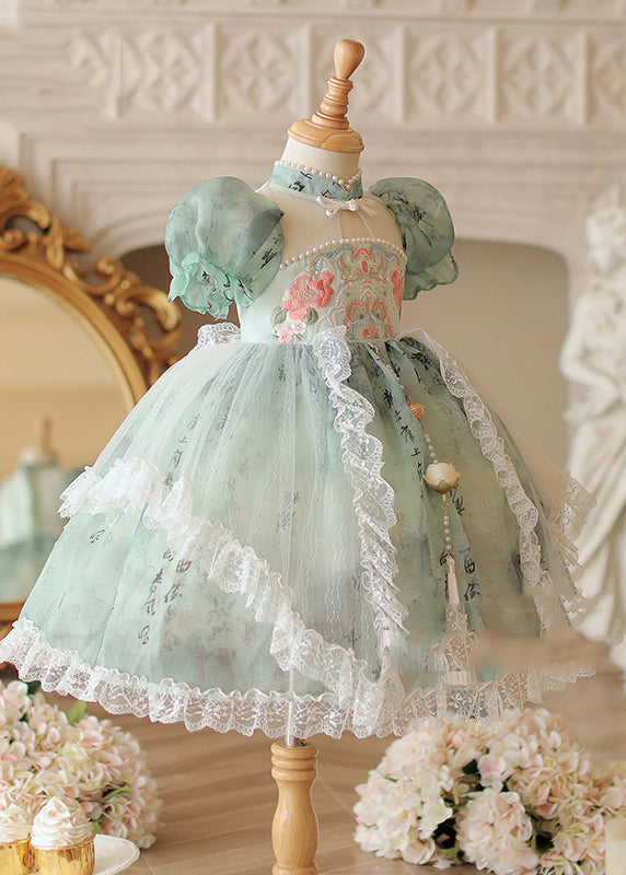 Chinese Style Green Stand Collar Embroideried Nail Bead Tulle Kids Long Dress Short Sleeve Ye015