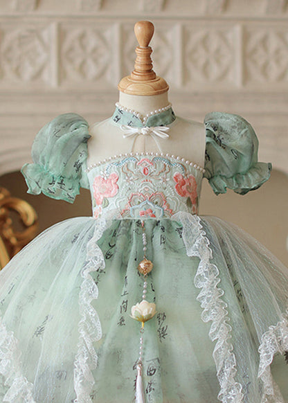 Chinese Style Green Stand Collar Embroideried Nail Bead Tulle Kids Long Dress Short Sleeve Ye015