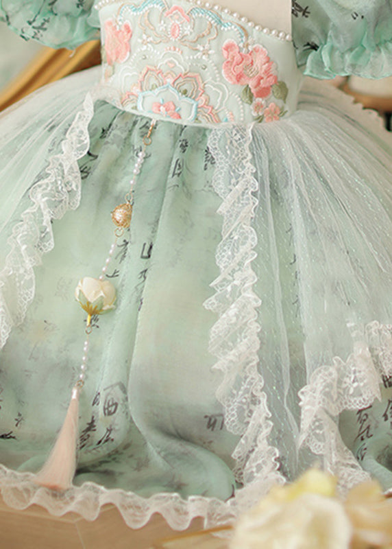 Chinese Style Green Stand Collar Embroideried Nail Bead Tulle Kids Long Dress Short Sleeve Ye015