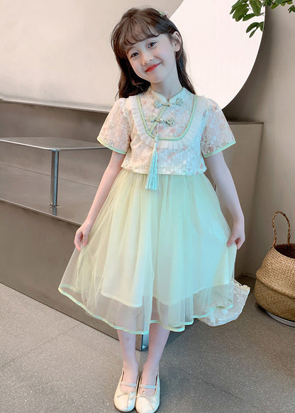 Chinese Style Green Stand Collar Tassel Fake Two Pieces Tulle Maxi Dresses Summer Mn009
