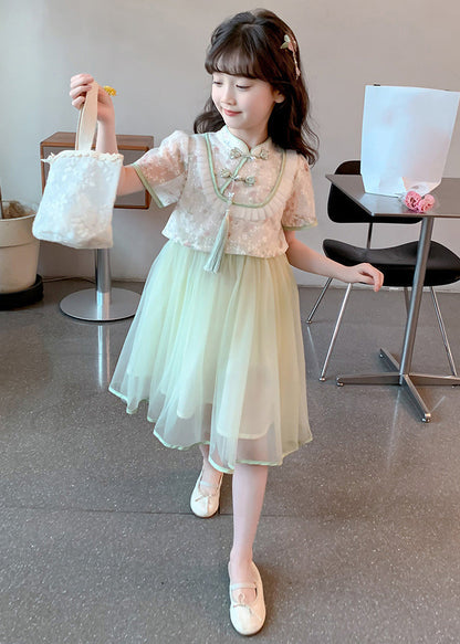 Chinese Style Green Stand Collar Tassel Fake Two Pieces Tulle Maxi Dresses Summer Mn009