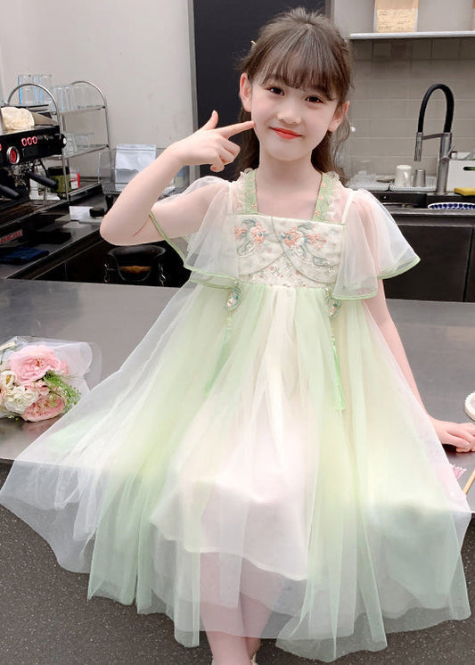 Chinese Style Green Tasseled Embroideried Tulle Long Dress Summer Tt030