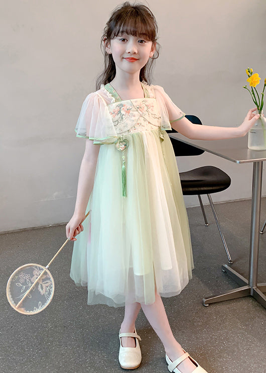 Chinese Style Green Tasseled Embroideried Tulle Long Dress Summer Tt030