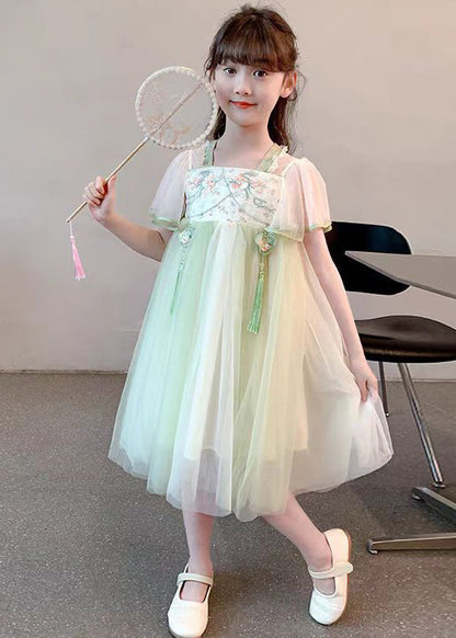Chinese Style Green Tasseled Embroideried Tulle Long Dress Summer Tt030