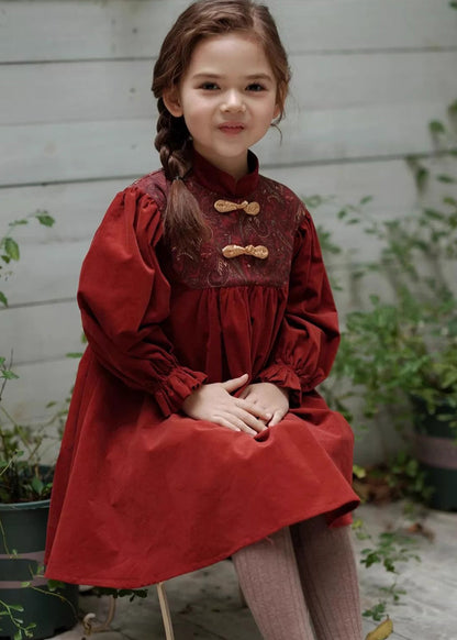 Chinese Style Mulberry Stand Collar Embroideried Corduroy Long Dress Spring Ye018