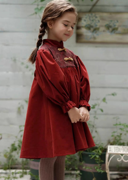 Chinese Style Mulberry Stand Collar Embroideried Corduroy Long Dress Spring Ye018