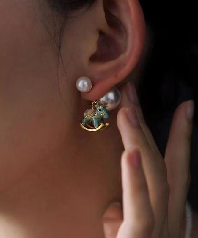 Chinese Style Multicolor Copper Alloy Pearl Foal Stud Earrings
