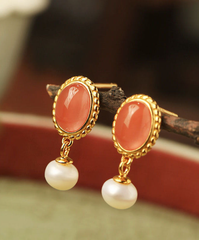 Chinese Style Multicolor Sterling Silver Overgild Pearl Agate Drop Earrings