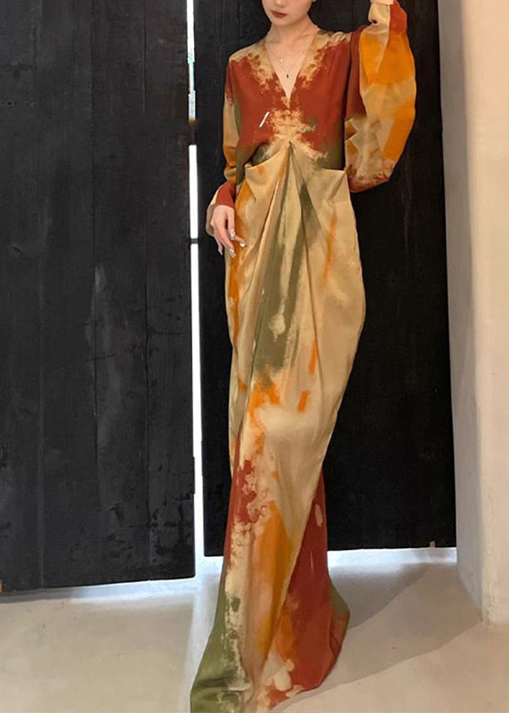 Chinese Style Orange V Neck Tie Dye Maxi Dress Spring Rp019