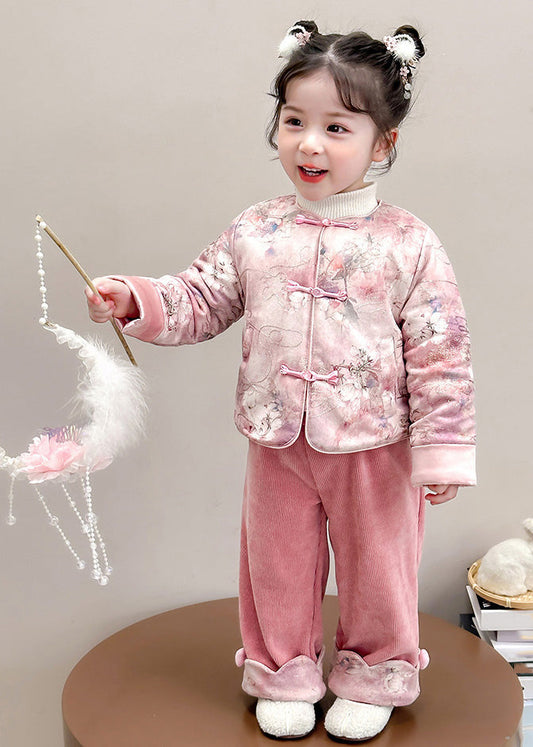 Chinese Style Pink O-neck Patchwork Button Thick Parka and Pants Two Piece Set Winter Tr026