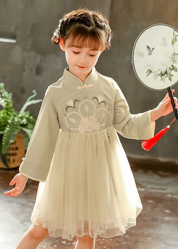 Chinese Style Pink Stand Collar Embroideried Tulle Kids Long Dress Spring Ye031