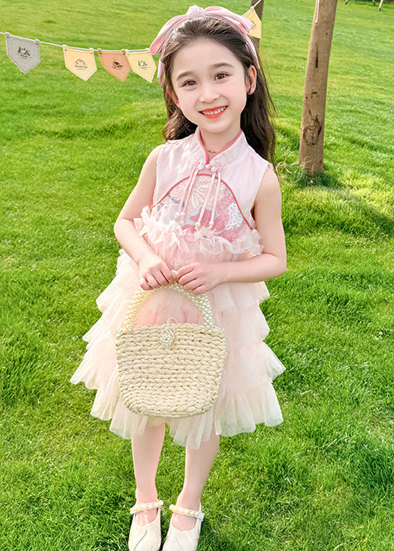 Chinese Style Pink Stand Collar Ruffled Patchwork Tassel Tulle Kids Maxi Dress Summer Xz031