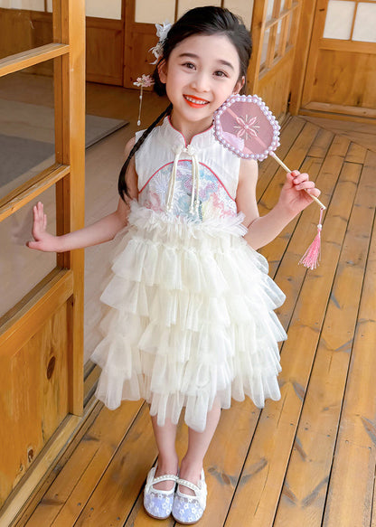 Chinese Style Pink Stand Collar Ruffled Patchwork Tassel Tulle Kids Maxi Dress Summer Xz031