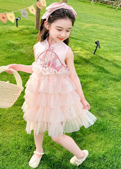Chinese Style Pink Stand Collar Ruffled Patchwork Tassel Tulle Kids Maxi Dress Summer Xz031