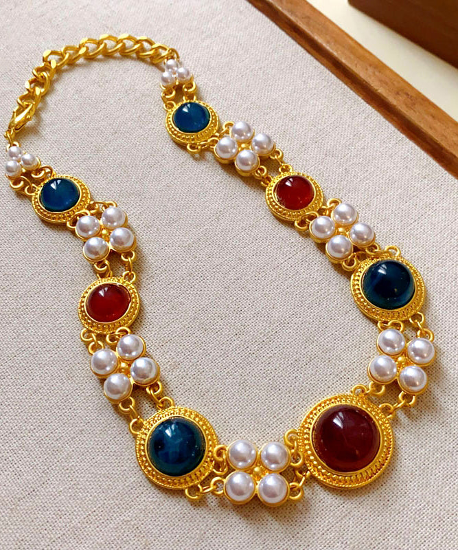 Chinese Style Rainbow Sterling Silver Alloy Pearl Resin Collar Necklace Tx034