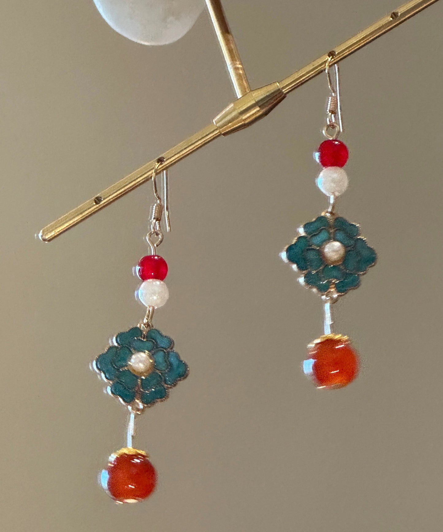 Chinese Style Rainbow Sterling Silver Overgild Enamel Pearl Drop Earrings