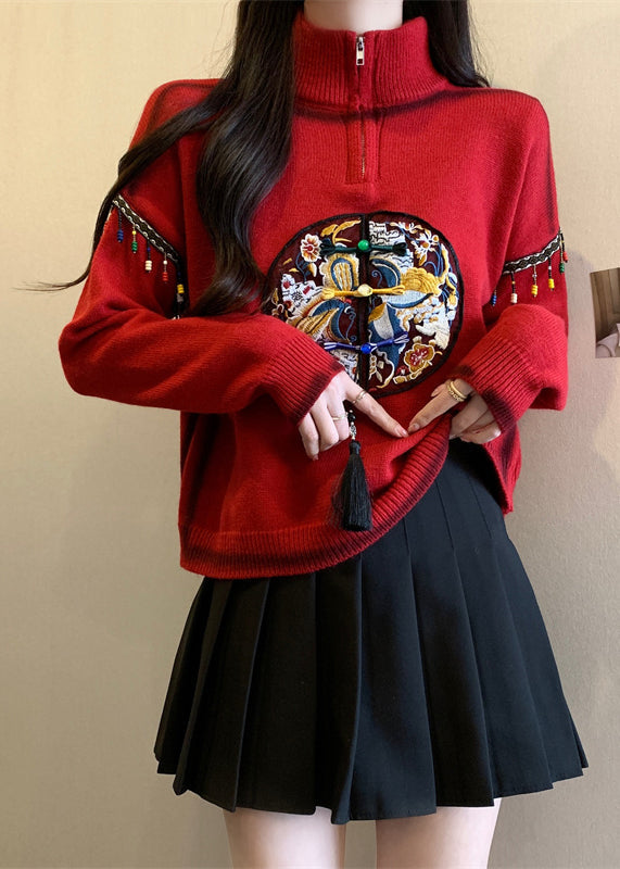 Chinese Style Red Hign Neck Embroidered Knit Sweaters Spring Tq032