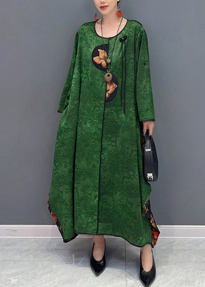 Chinese Style Red O-neck Patchwork Holiday Silk Long Dress Long Sleeve Ao1057