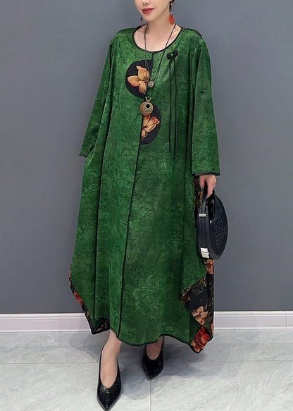 Chinese Style Red O-neck Patchwork Holiday Silk Long Dress Long Sleeve Ao1057