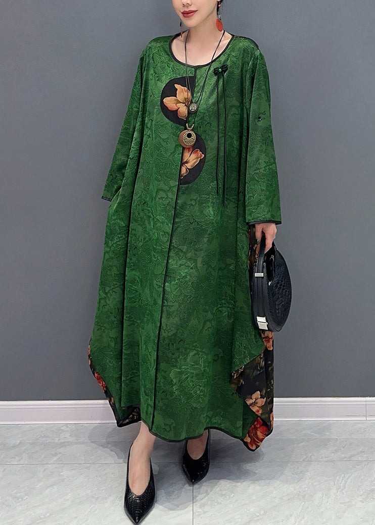 Chinese Style Red O-neck Patchwork Holiday Silk Long Dress Long Sleeve Ao1057