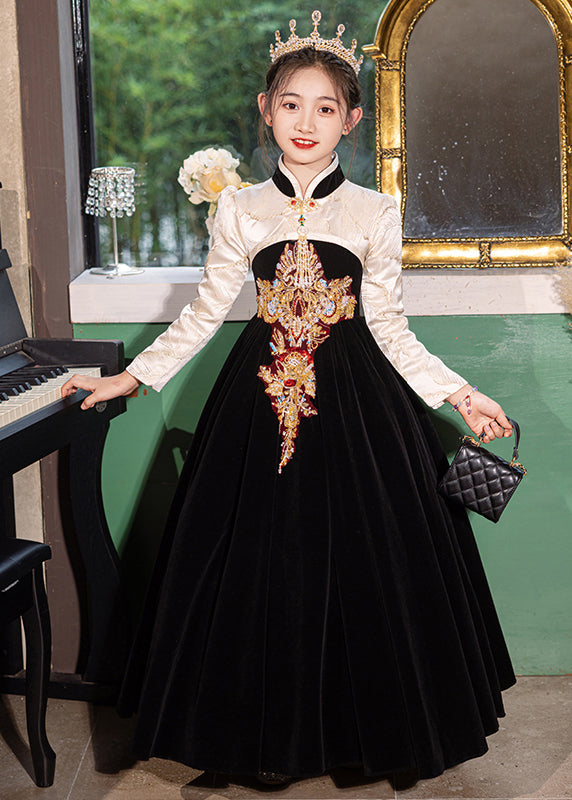 Chinese Style Red Stand Collar Embroideried Silk Velour Kids Long Dress Winter Rp043