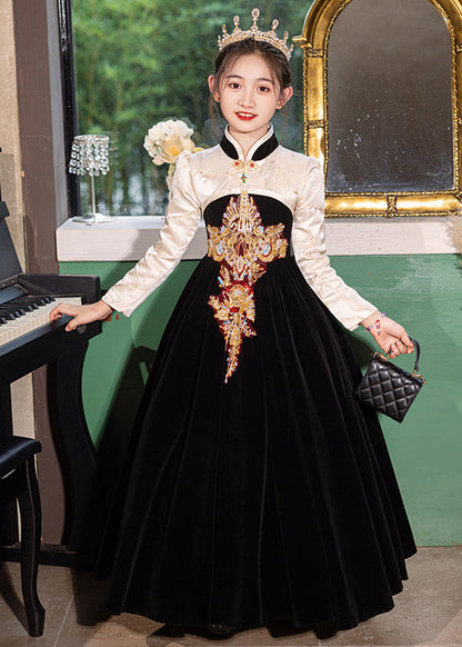 Chinese Style Red Stand Collar Embroideried Silk Velour Kids Long Dress Winter Rp043
