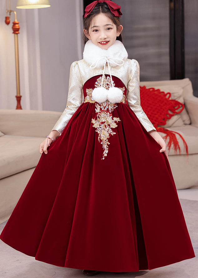 Chinese Style Red Stand Collar Embroideried Silk Velour Kids Long Dress Winter Rp043