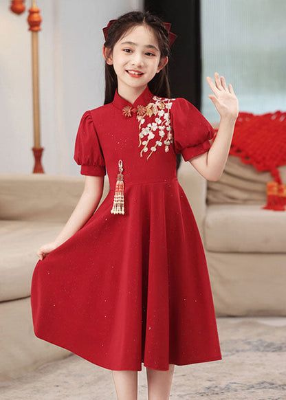 Short Collar Chinese Style Stand Patchwork Maxi Dresses Red