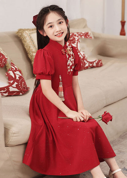 Short Collar Chinese Style Stand Patchwork Maxi Dresses Red