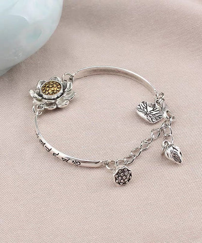 Chinese Style Silk Sterling Silver Lotus Rotatable Charm Bracelet